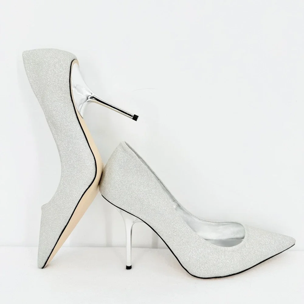 GOOD AMERICAN Emma Glitter Heel Silver Sparkly Pointed Toe Stiletto Size 10 NWOB